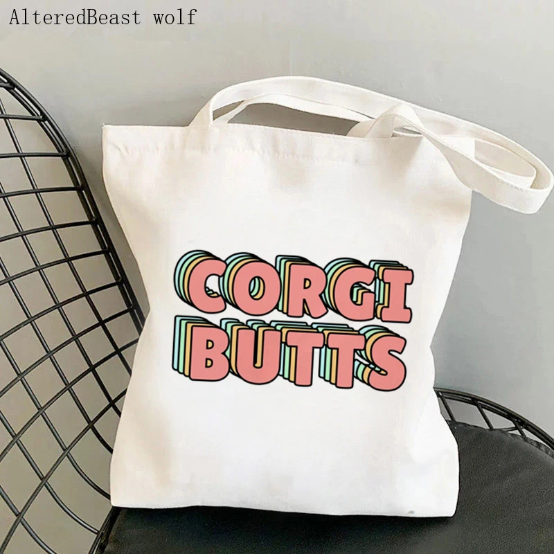 Women Shopper bag Corgi and Bubble Tea Kawaii Bag Harajuku Shopping Canvas Shopper Bag girl handbag Tote Shoulder Lady Bag