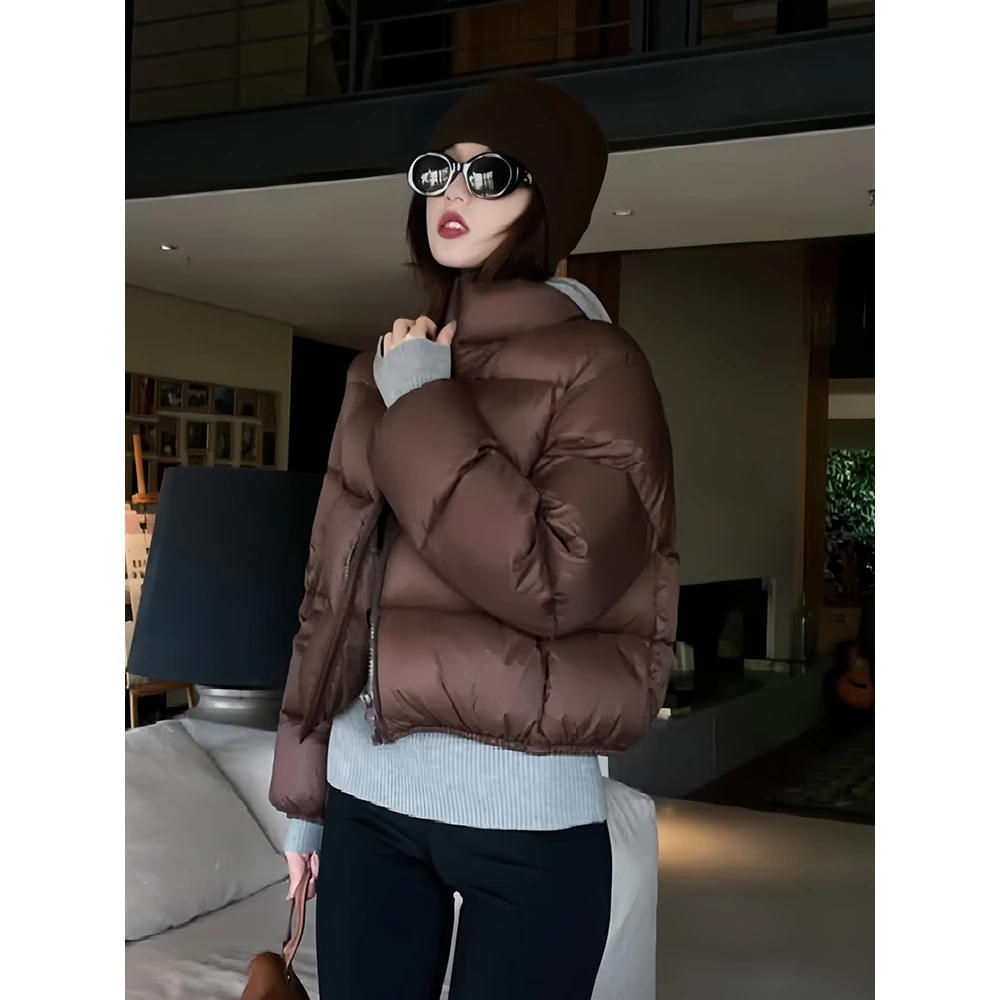 Kendall Jenner Sle ort Puffer Jaet المرأة لون القهوة عالية الخصر الوقوف طوق الخبز الملابس عبر الحدود ألياف البوليستر #4