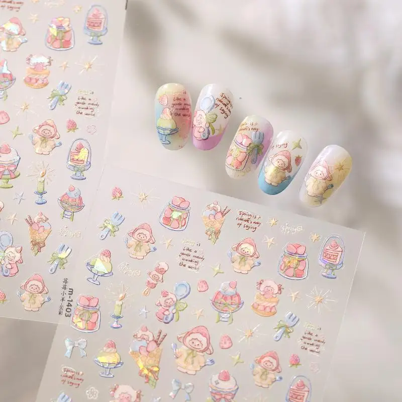 Cartoon Nail Stickers for Beginners Self Adhesive Sheep Dessert Bow Star Patterns Easy Peel Manicure Decals Home DIY Use