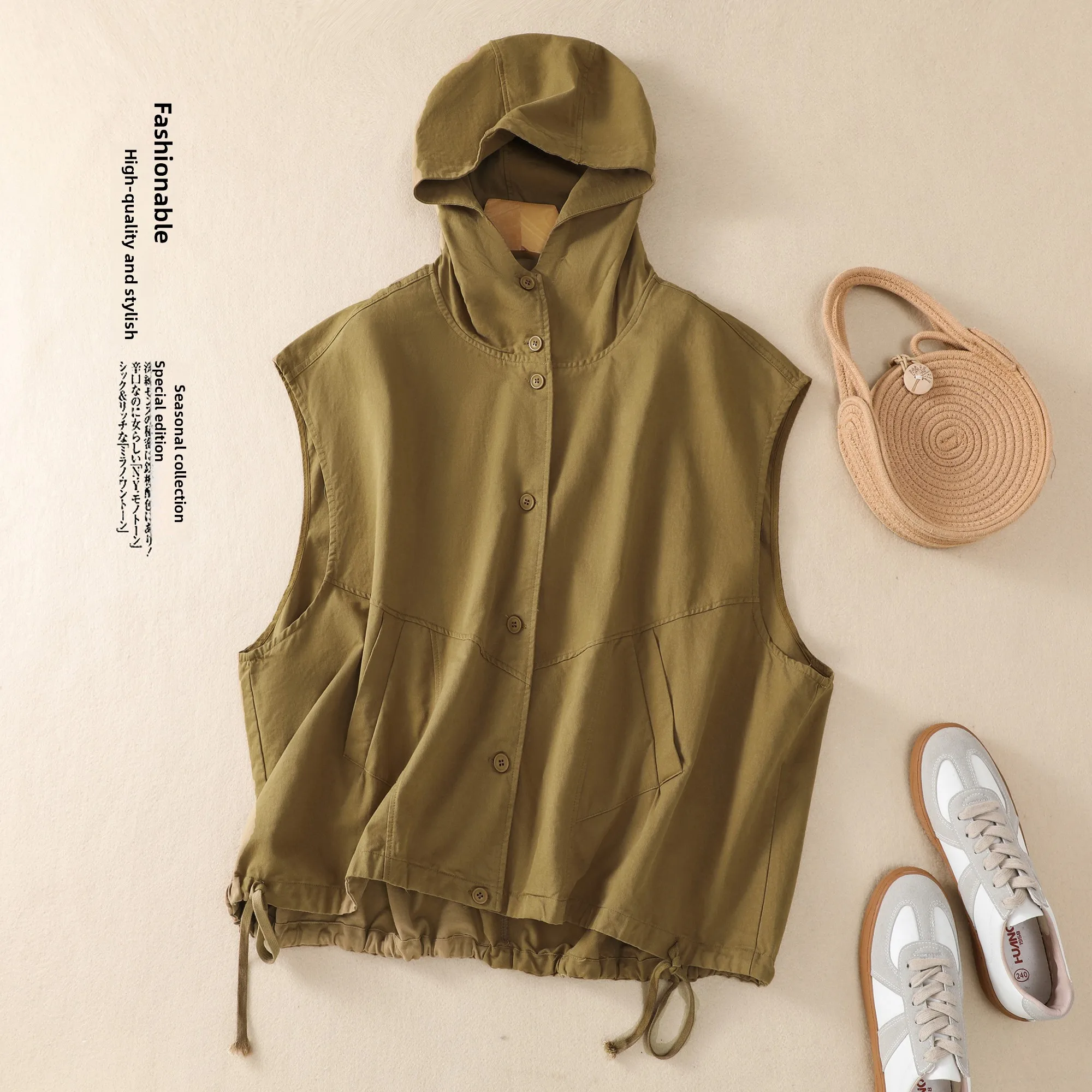 

Breathable Khaki Hooded Vest Women's Summer Drawstring Single Button Sleeveless Tank Top Cotton Linen Blend Casual Style