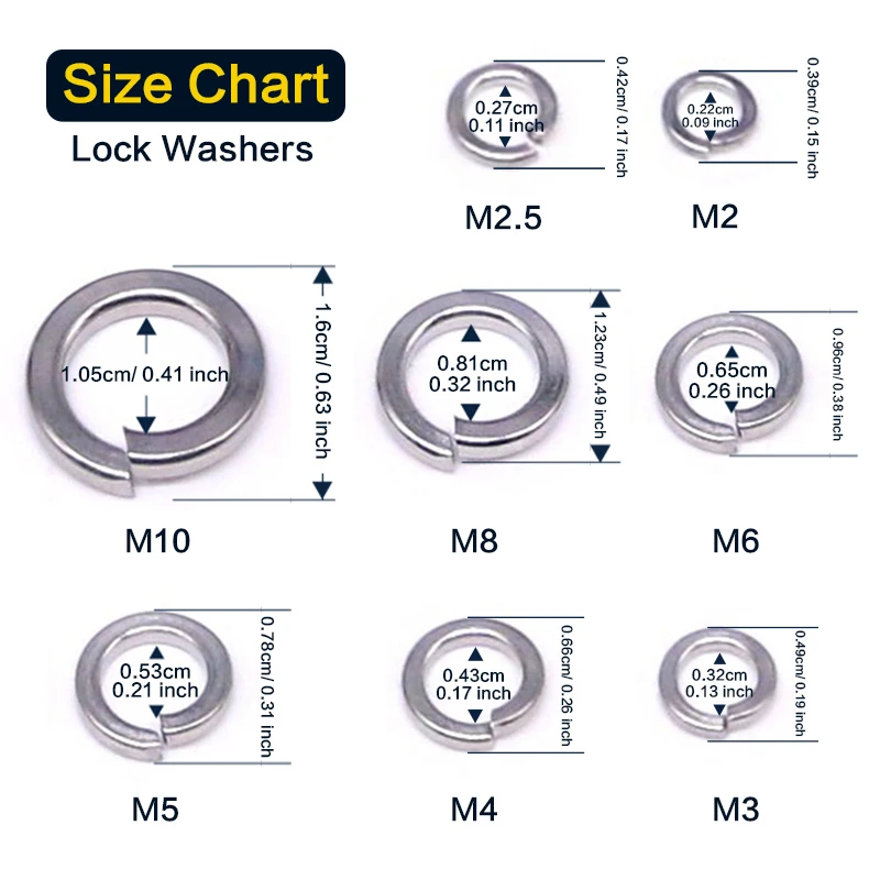100-300pcs, Split Lock Washer, Stainless Steel Spring Lock Washers (304), M2/ M2.5/ m3/ m4/ m5/ m6/ m8/ m10