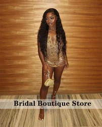 Sparkly Gold Diamonds Short Prom Dresses 2024 Sparkly Beads Rhinestone Crystal Birthday Party Gown Senior Homecoming Party