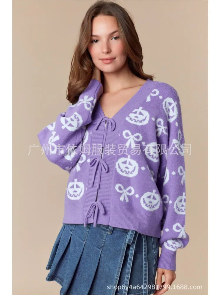 

2025 V-link Cardigans Leace-up Sweater Long Sleeves Pulls Femmes Woman Clothing Knitted Printed Halloween Pumpkin Head Commuting