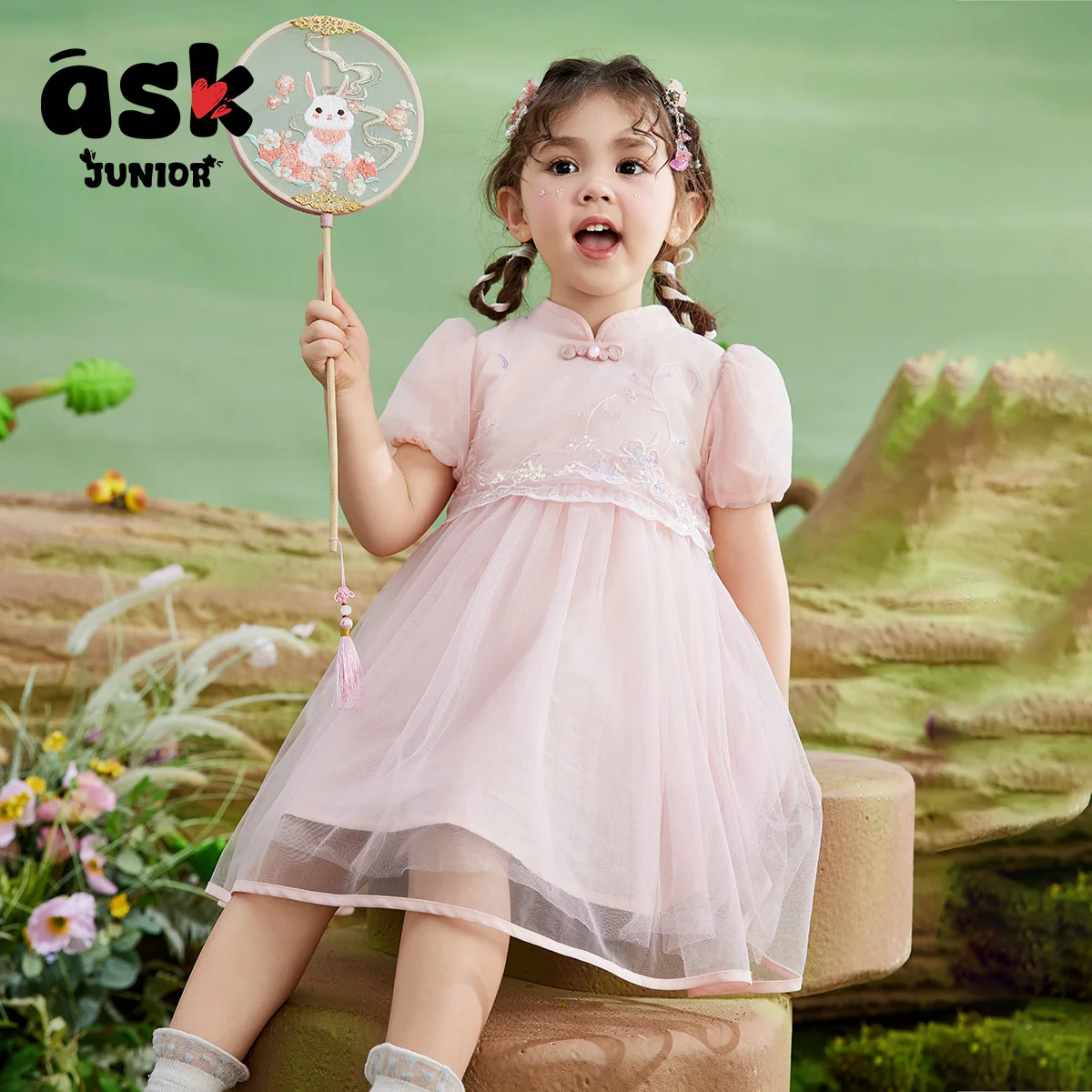اسأل جونيور الفتيات الصغيرات الفتيات شبكة الصيف رقيقة لطيف الحلو برعم الأكمام النمط الوطني فستان الأميرة الصينية الجديدة #2