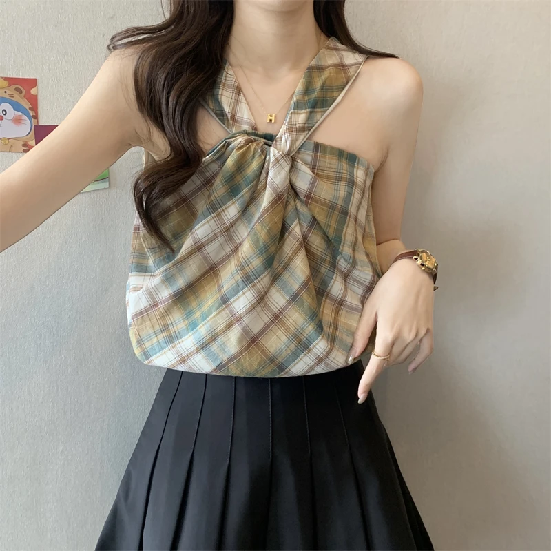 Women Summer Vintage Fashion Plaid Temperament Cotton All-match Camisole Women Clothes Knitting Appear Thin Fashionable Tops