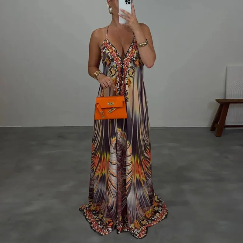 Robe Camisole creuse à col en V profond pour femme, longue, imprimée, ample, balançoire, Sexy, à lacets, dos nu, style Boho, nouvelle collection été
