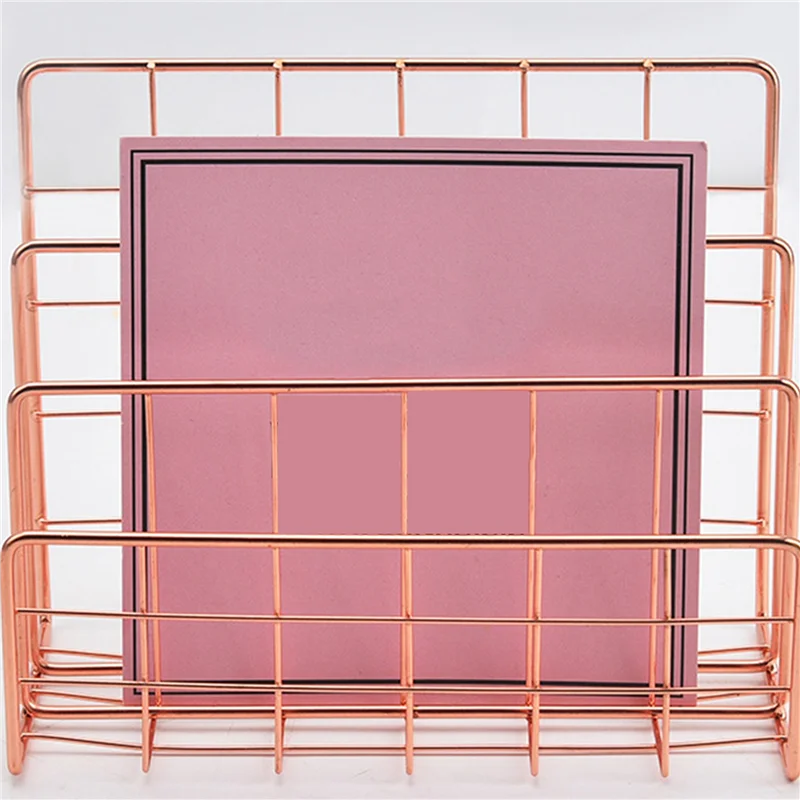 GROCE-3X Boekenplank Office Desktop Rose Gold Metal Boekenblok Drielaags Desktop Tijdschriftenplank Boekenhouder