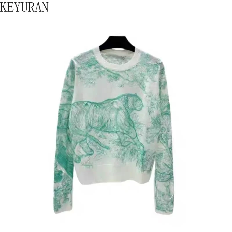 Animal Floral Pattern Printing Pullover Sweater Women 2024 Autumn New Classic Fashion O-Neck Long Sleeve Versatile Knitwear Tops