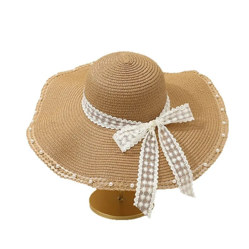 New Arrivaleasiest For Match Face-showing Straw Hat For Women Lacebows Beach Hat Large Brim Sun Protection Sun Hat