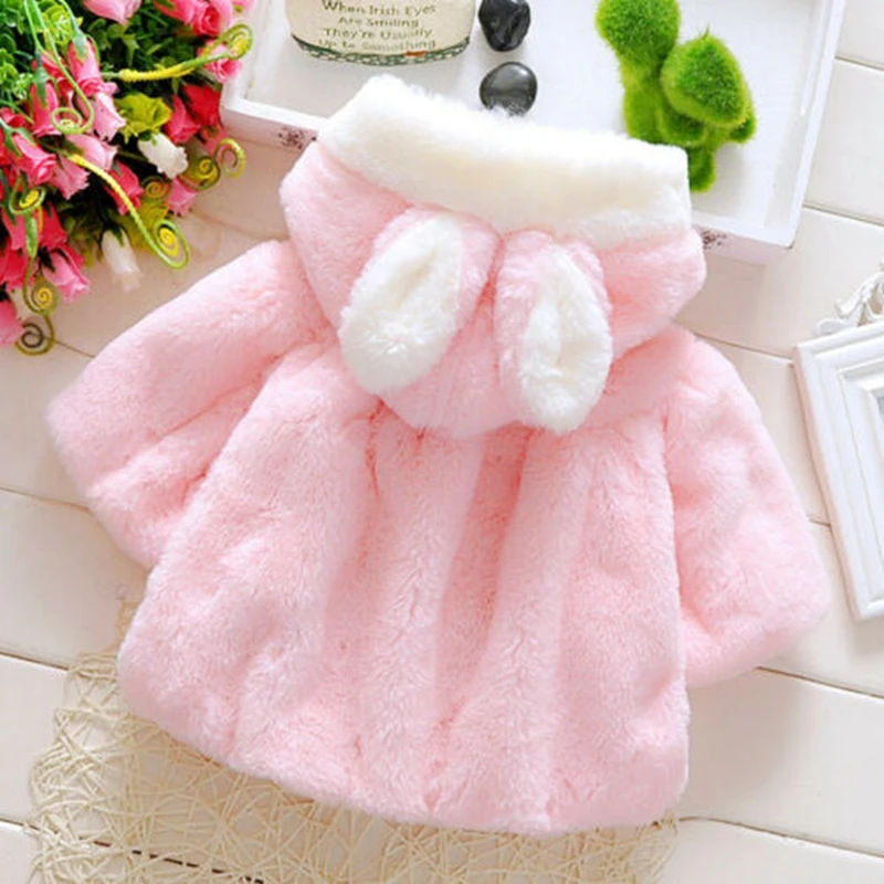 0-48M Baby Girls Faux Fur Fuzzy Plush Coat Pearl Button Bow Cute Bunny Ear Hooded Outwear Thick and Warm Jacket with Pom