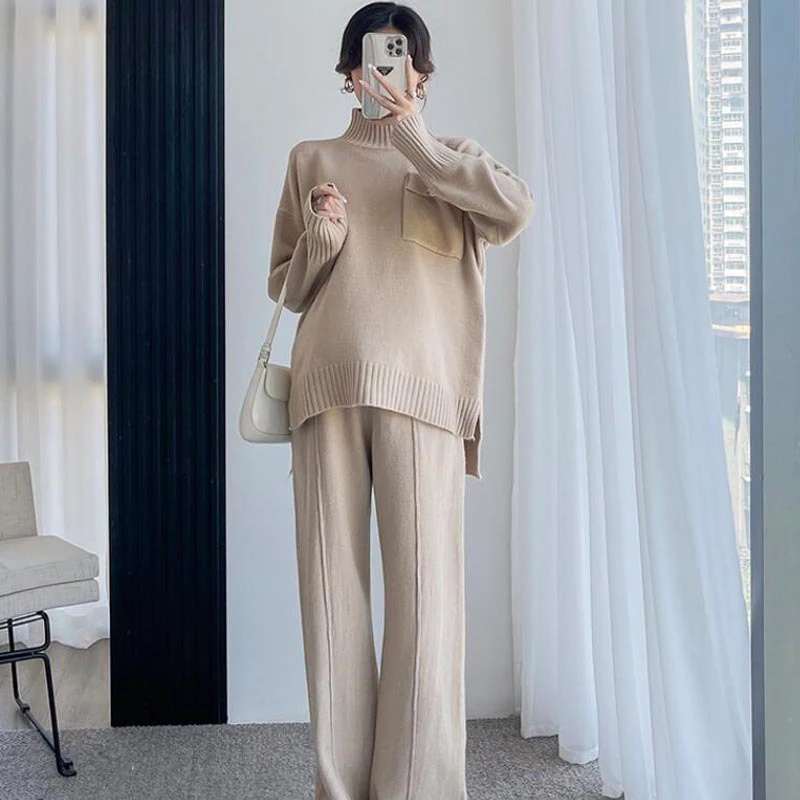 Medium High Neck Sweater Drape Knit Wide Leg Pants Maternity Two-piece Sets Solid Loose Classic Soft Warm  Pregnant Women Suits