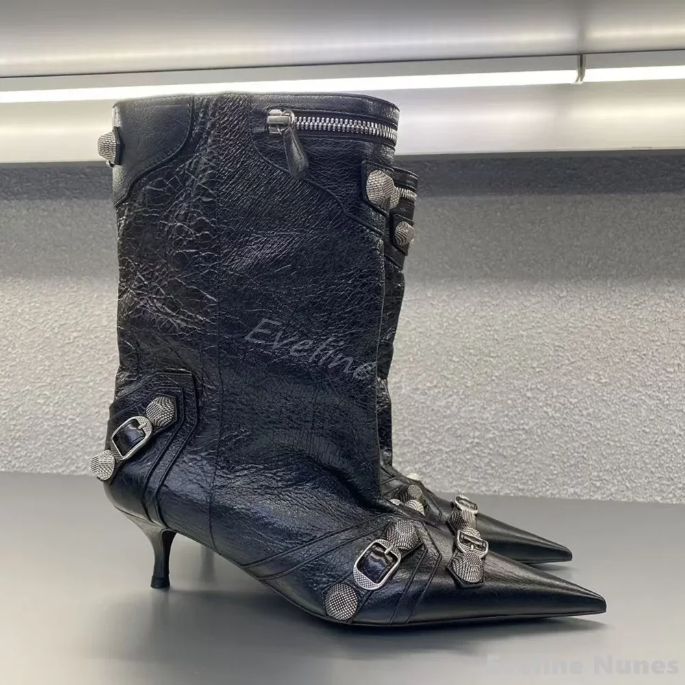 Metal Rivet Kitten Heel Mid-calf Boots Women Pointed Toe Metal Decoration Slip On Black Leather Short Boots Cool Girl Ankle Boot image 5