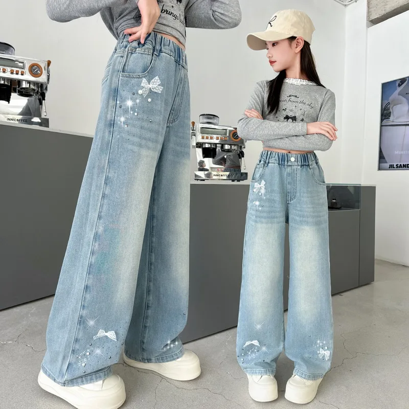Girls New Starry Sky Rhinestone Jeans with Bow Kids Extended Length Denim Pants Children's Streetwear Shining Diamond Trousers