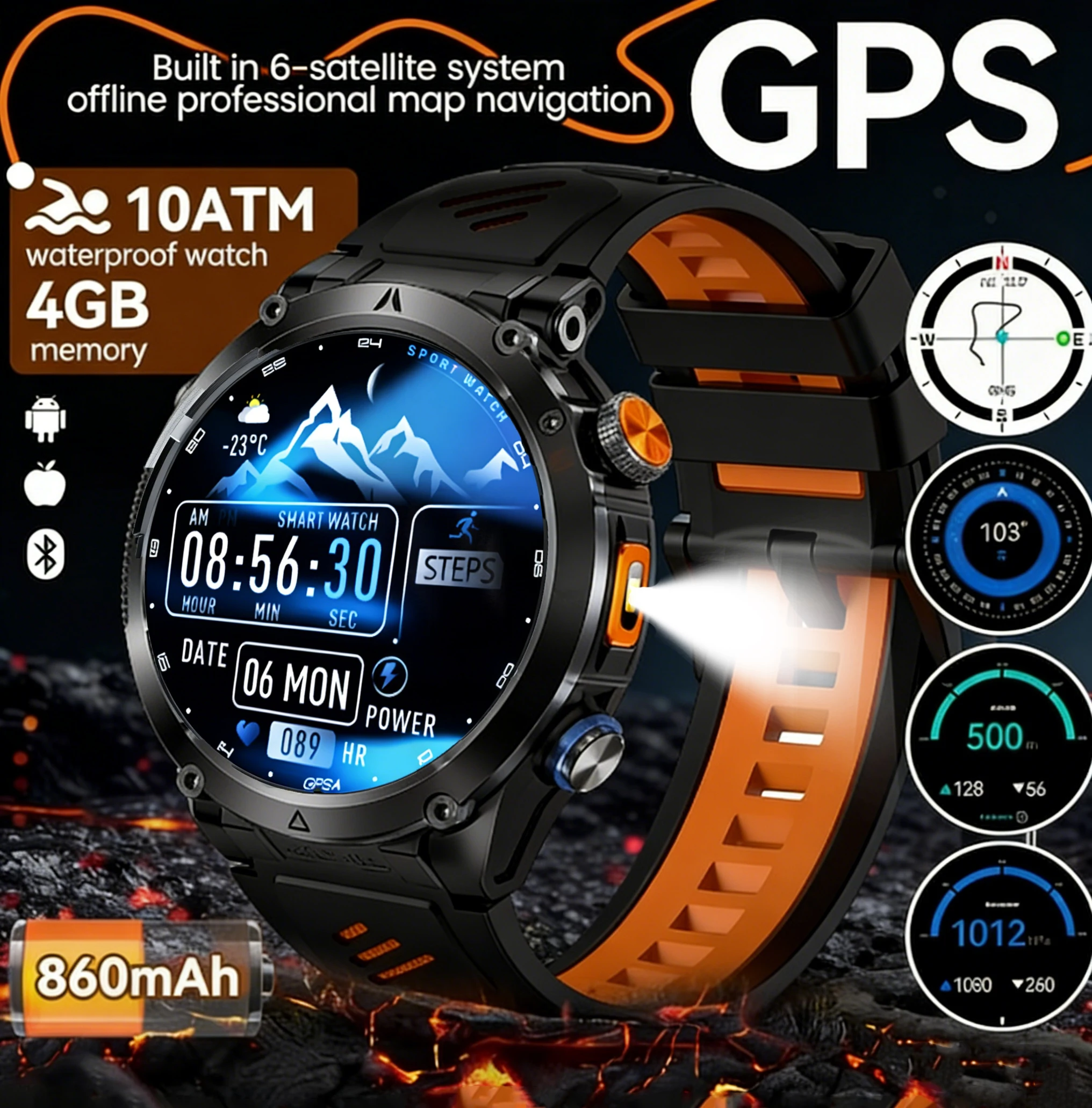 

GPS Smart Watch for Men 1.7" HD Screen 850mAh 3ATM Waterproof Outdoor Sports Watch with LED Flashlight Fitness Tracker for Hikin