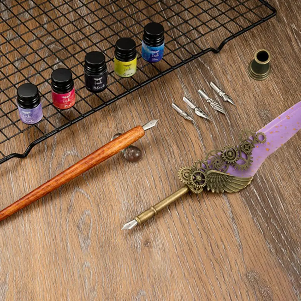 フェザーディップインクペンセット、素敵な見た目、ビンテージウッド、キラキラ署名クイル、文房具用品、1セット