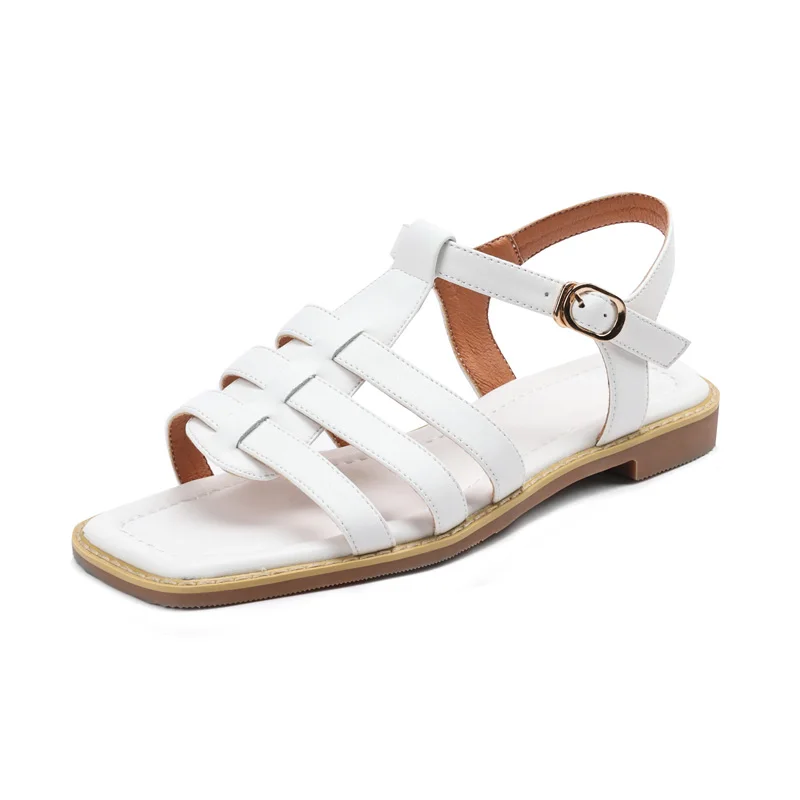 Women T-Strap Sandals SmallHut Summer Genuine Leather Low Heels Shoes Casual Ladies Black White Yellow Open Toe Gladiator Sandal