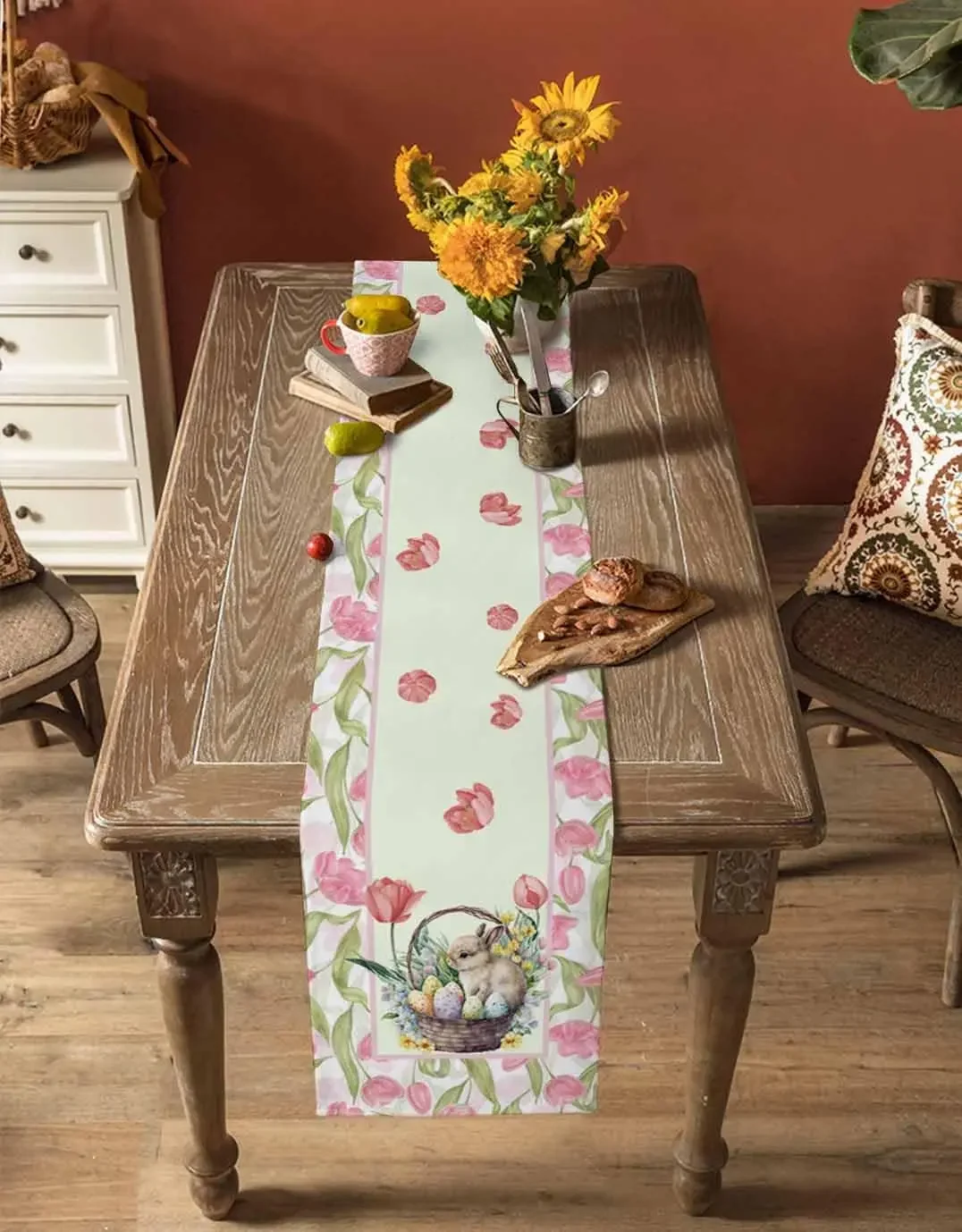 Easter Bunny Egg Tulips Floral Linen Table Runner Dresser Scarves Table Decor Kitchen Dining Table Runner Easter Decorations
