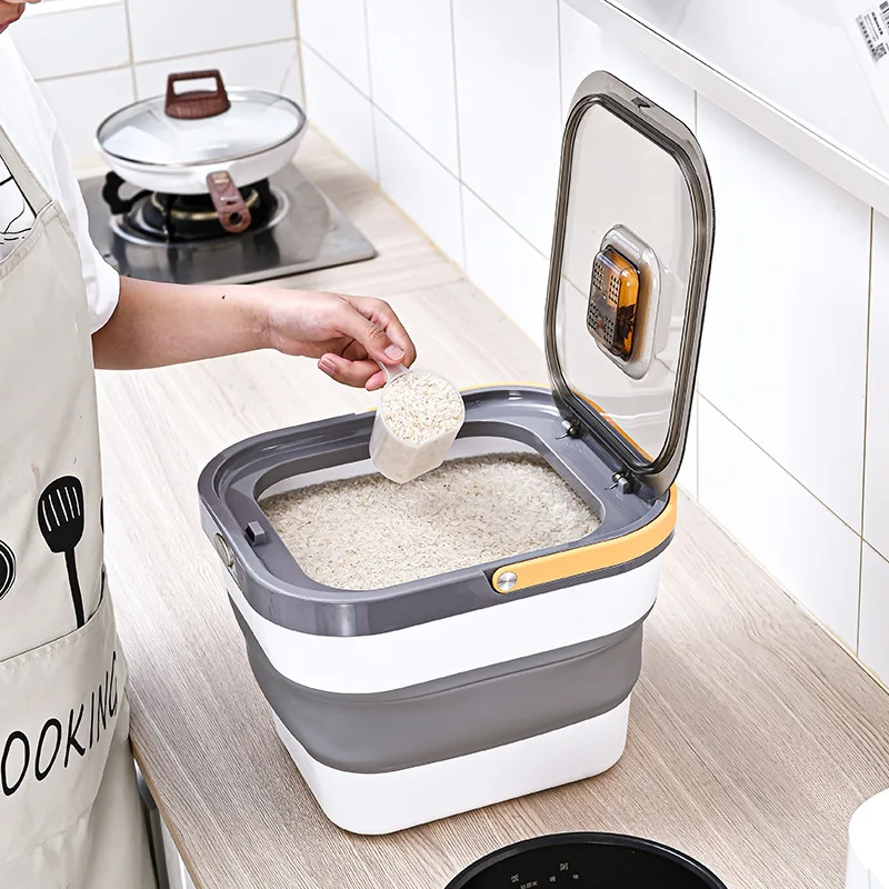 

Plastic Sealable Kitchen Dog Food Storage Dispenser Collapsible Fold Airtight Rice Container with Lid Locking