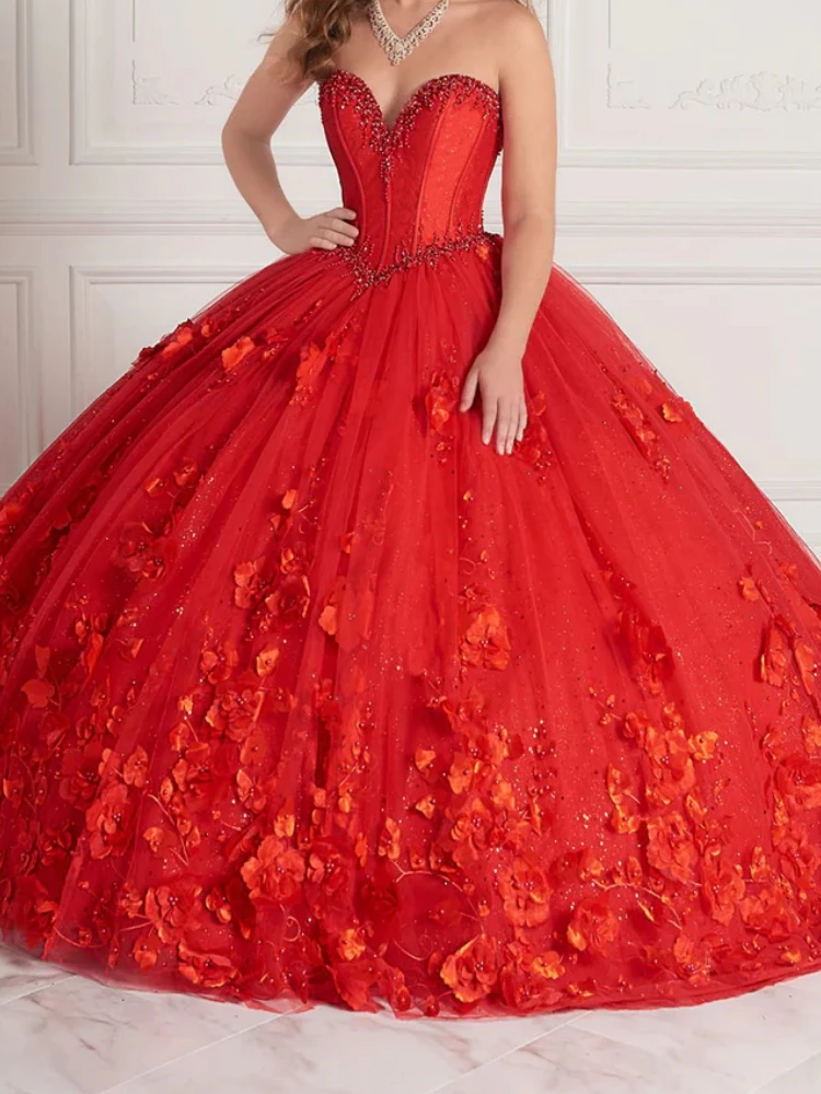 Customized Red Women Prom Occasion Dress 3D Floral Lace Up Ball Gown Vestido De xv Anos Sweet 15 16 Girl Quinceanera Dress