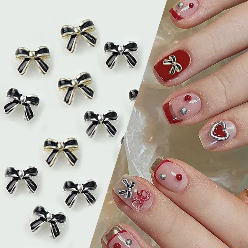 10 pz oro argento Mini Bowknot Nail Art Charms metallo lucido farfalla cuore 3D Nail Art decorazione accessori manicure fai da te