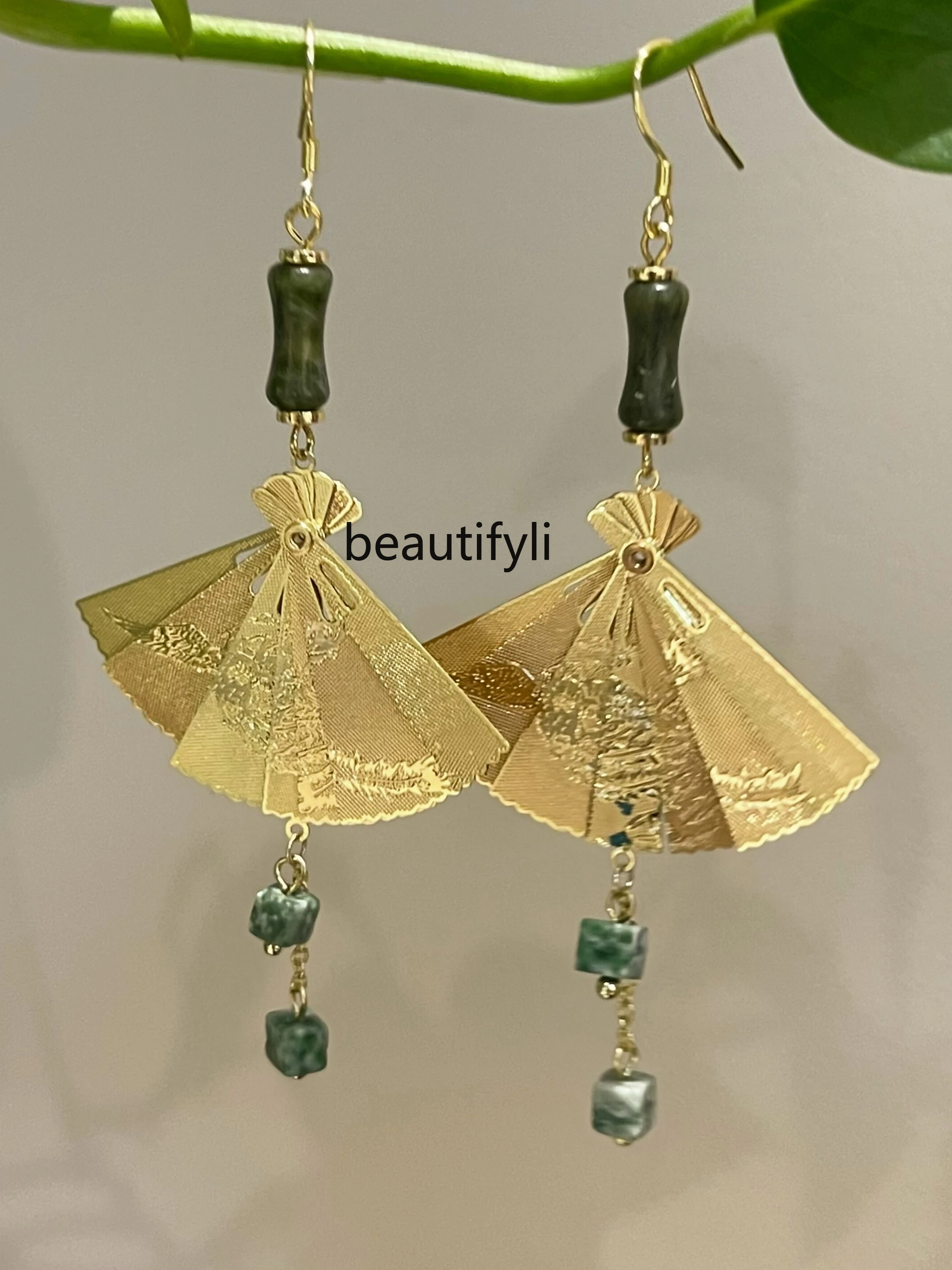 Oriental folding fan earrings retro light luxury design national style long open and close fan earrings