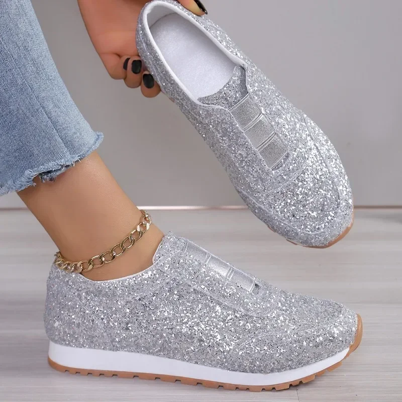 Fashionable women\'s shoes for spring 2024, new large sequin casual sports shoes, comfortable and lightweight women\'s flat shoes