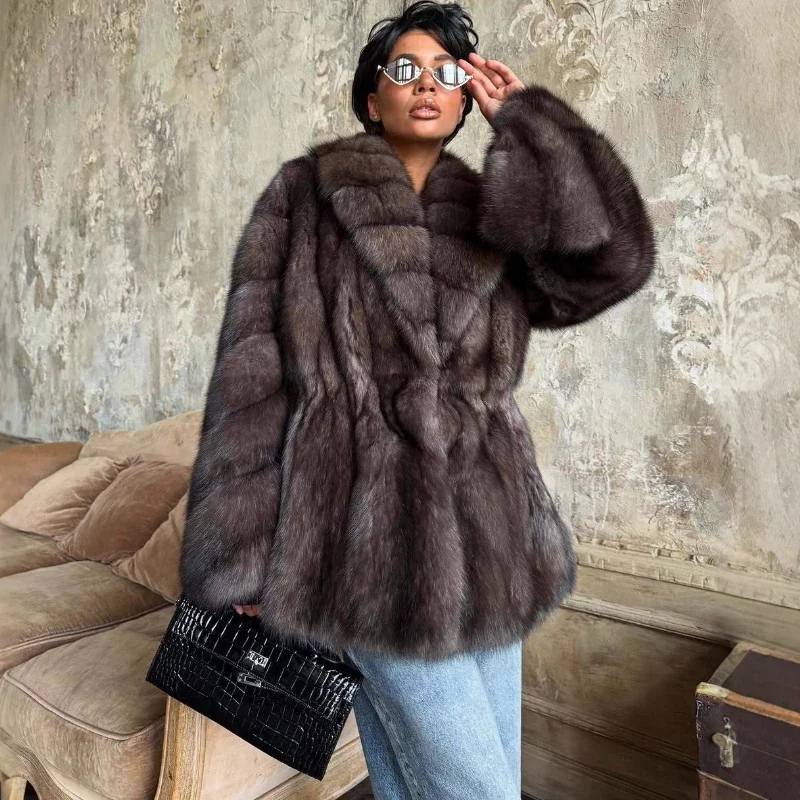 럭셔리 그라데이션 플레어 슬리브 인조 모피 코트 여성용 라펠 루즈 따뜻한 고급 인조 모피 코트 겨울 하이 스트리트 재킷