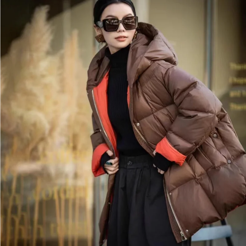 Winter Clothes for Women Fashion Color Collision Thickened Warm Puffer Jacket Casual Loose Hooded White Duck Down Jacket