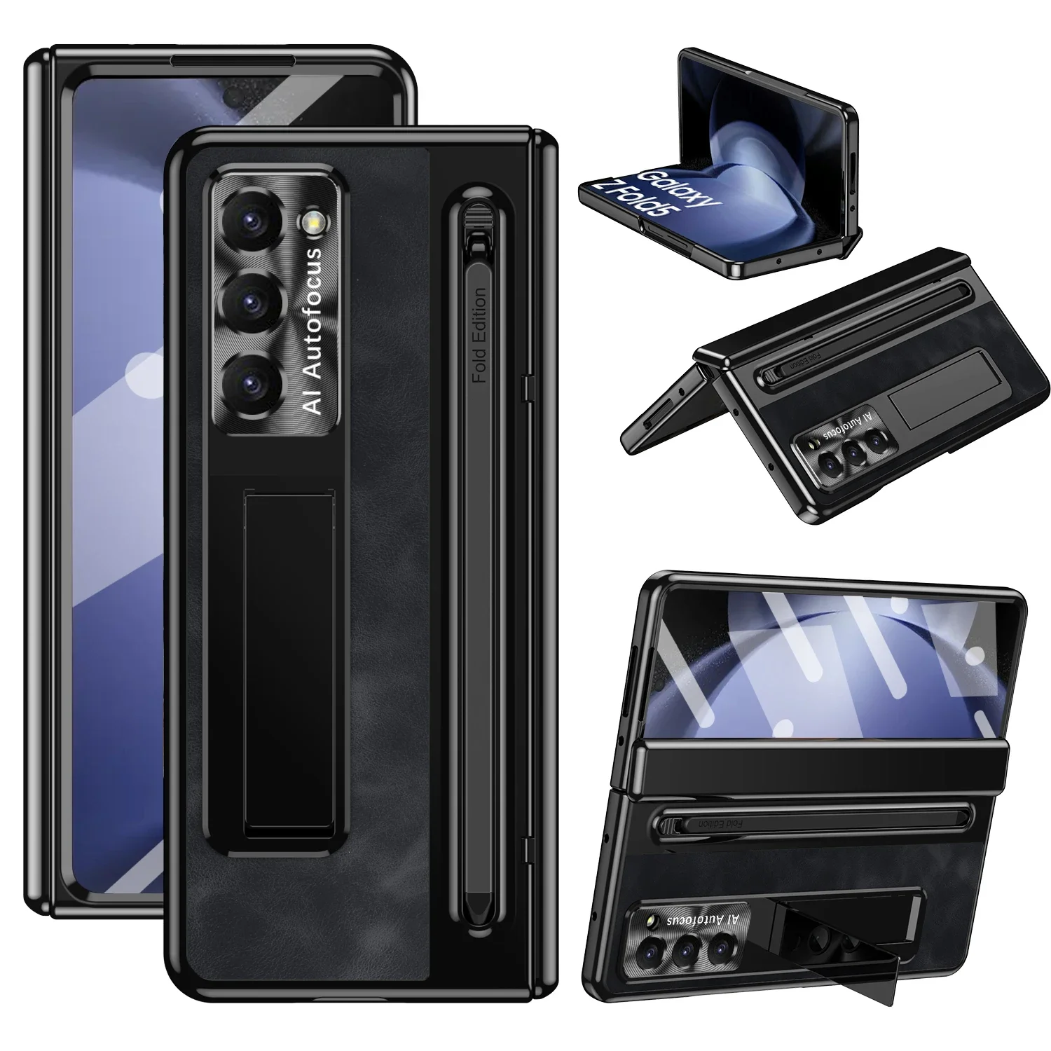 For Samsung Galaxy Z Fold 5 4 Case Matte Leather Bracket With Touch Pen Slot Folding Hinge Tempered Film Shockproof Back Cover