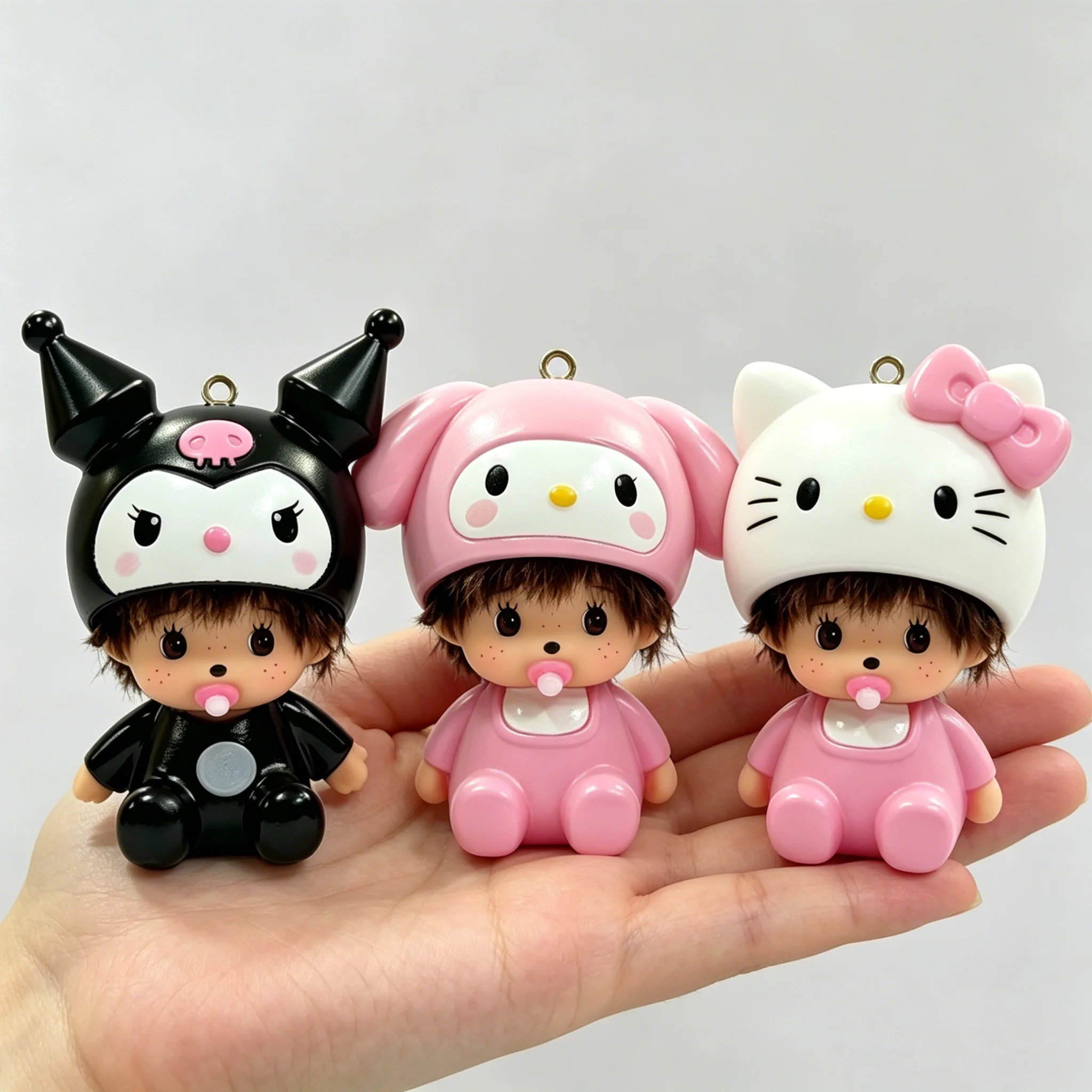 NEW Cute Kuromi Melody Hello Kitty Monchhichi Doll Keychain TPR Material, Cartoon Pendant Bag Charm Lovely Gift for Girls view 5