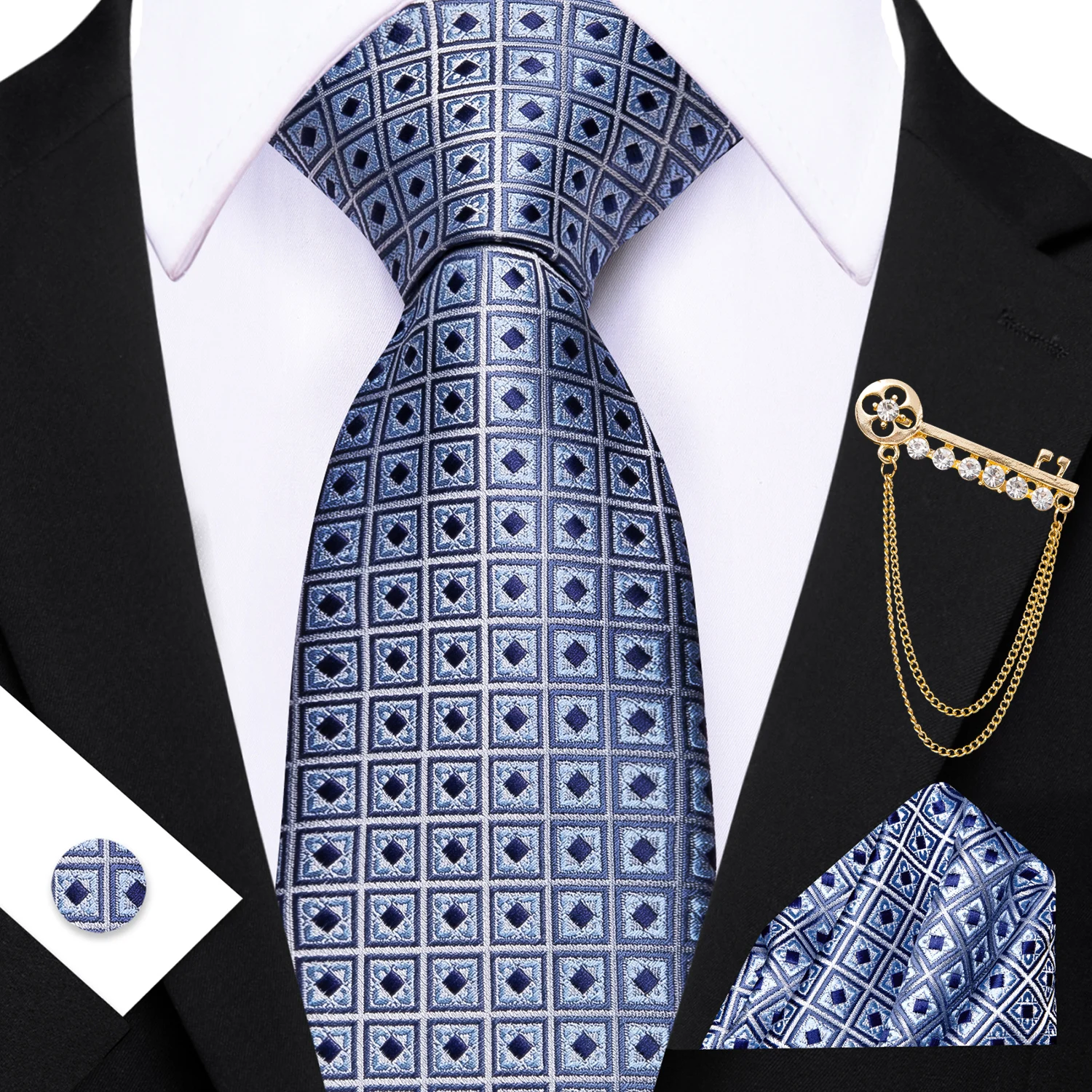 Klassisches Herren-Krawatten-Set in Blau, Lila, Schwarz, einfarbig, geometrisch, mit passendem Einstecktuch und Manschettenknöpfen, lässige Krawatten-Accessoires