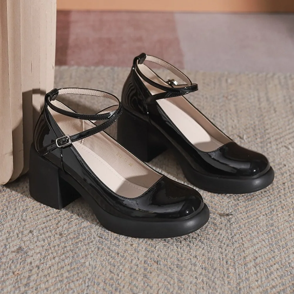 

Mary Jane Shoes Women's Spring and Summer New Cross-strap Buckle Women's Leather Shoes Thick Heel Light Mouth High Heel Pumps