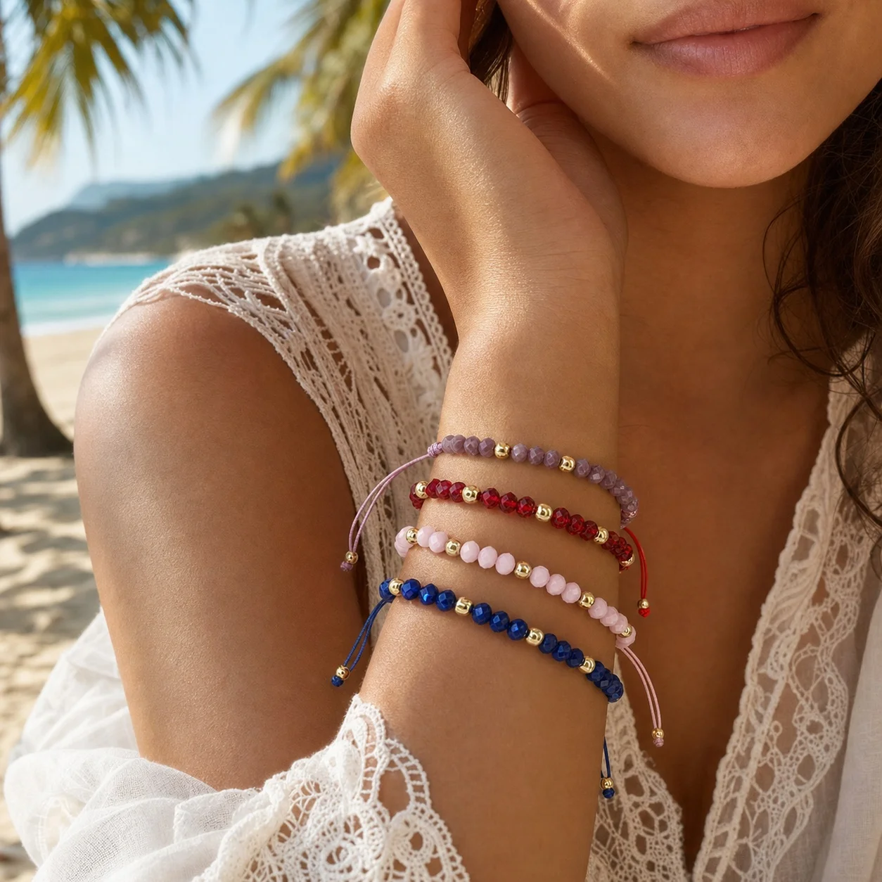 4pcs Faceted Crystal Beaded Adjustable Drawstring Bracelets with Copper Beads Bohemian Wrist Jewelry for Women Beach Style