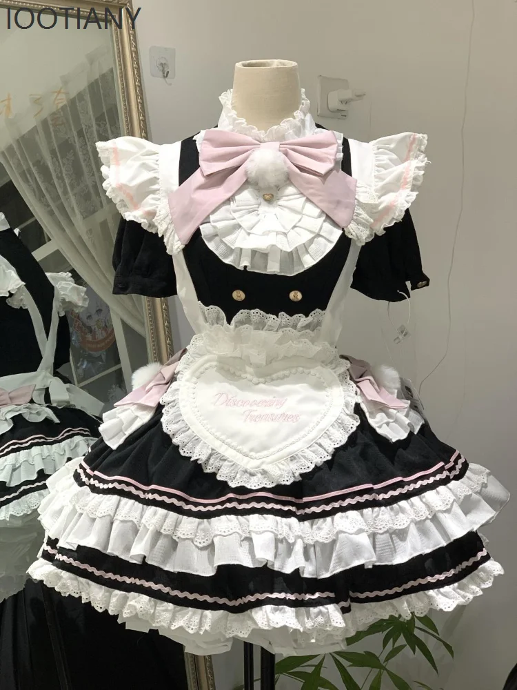 

IOOTIANY Japanese Lolita Retro Elegant Sweet Mini Dress Female Y2K Lace Female Bow Princess Fashion Puffy Cake Dress Clothing