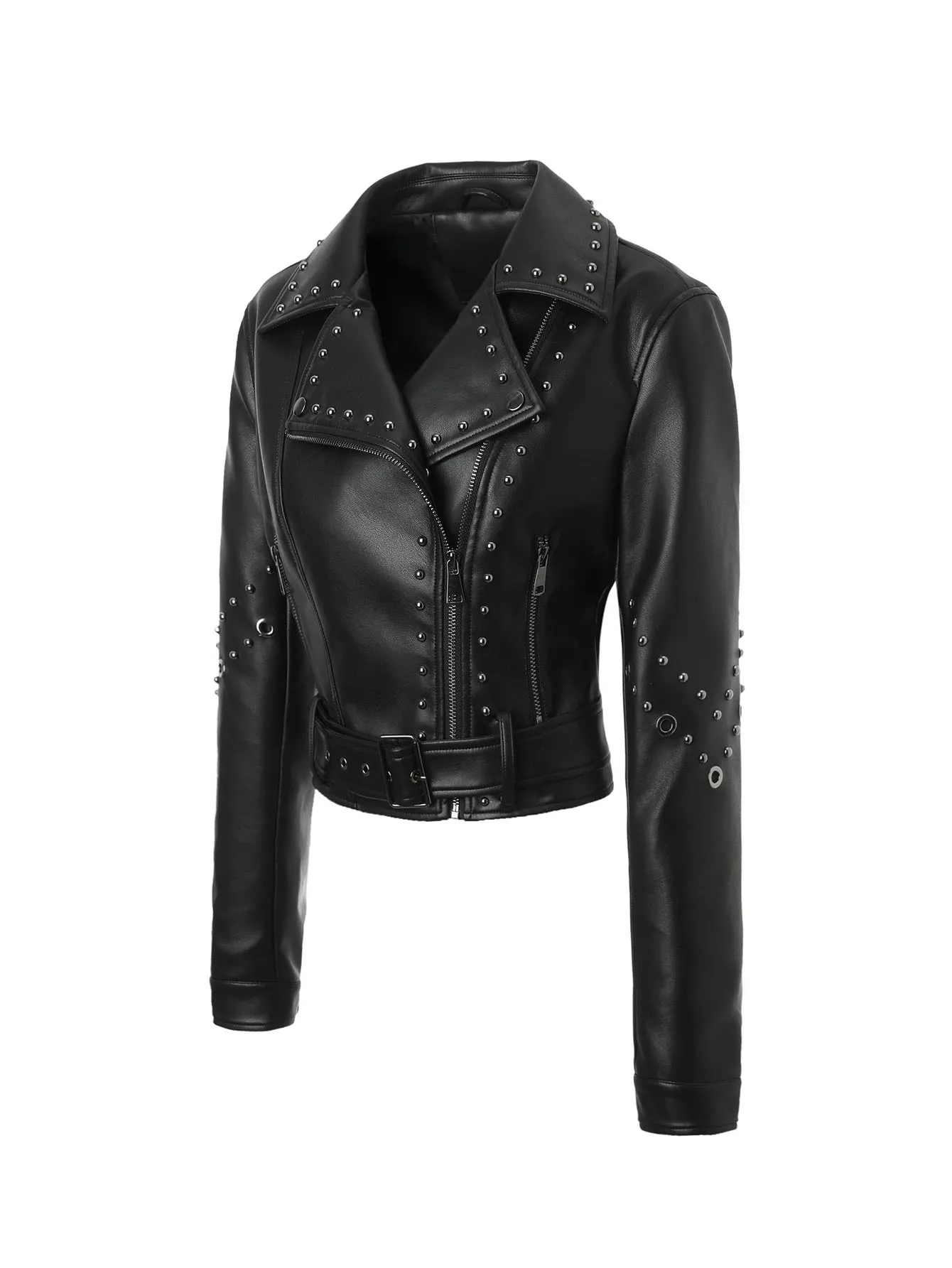 سترة Rock Chic من الجلد النباتي - معطف بياقة واقفة متعدد المرصع، مقاس نحيف وحزام قابل للتعديل على طراز راكبي الدراجات (أونيكس) ⚡