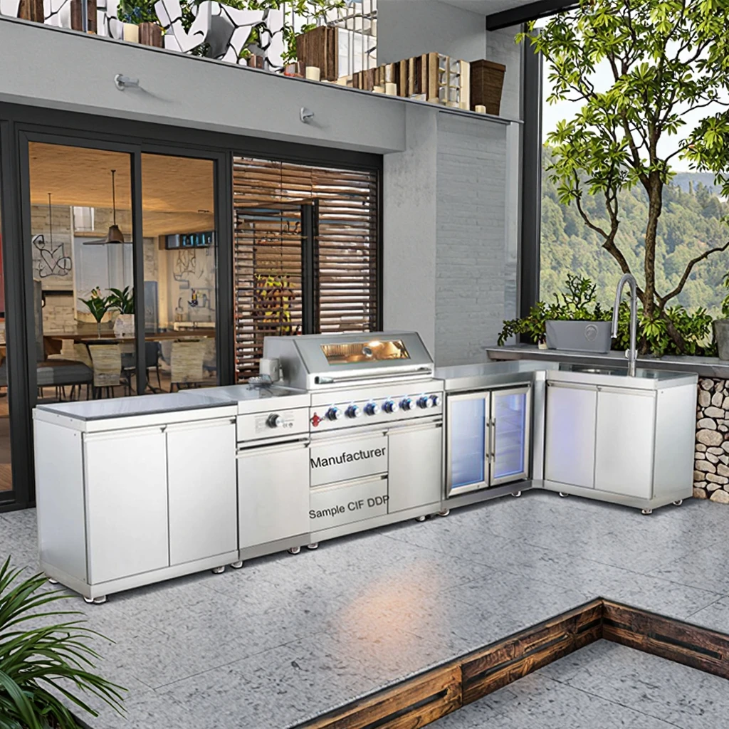 FOODLINE Outdoor Kitchen Island With Pull Out Plate Shelf For Pizza Oven Party Prep Station
