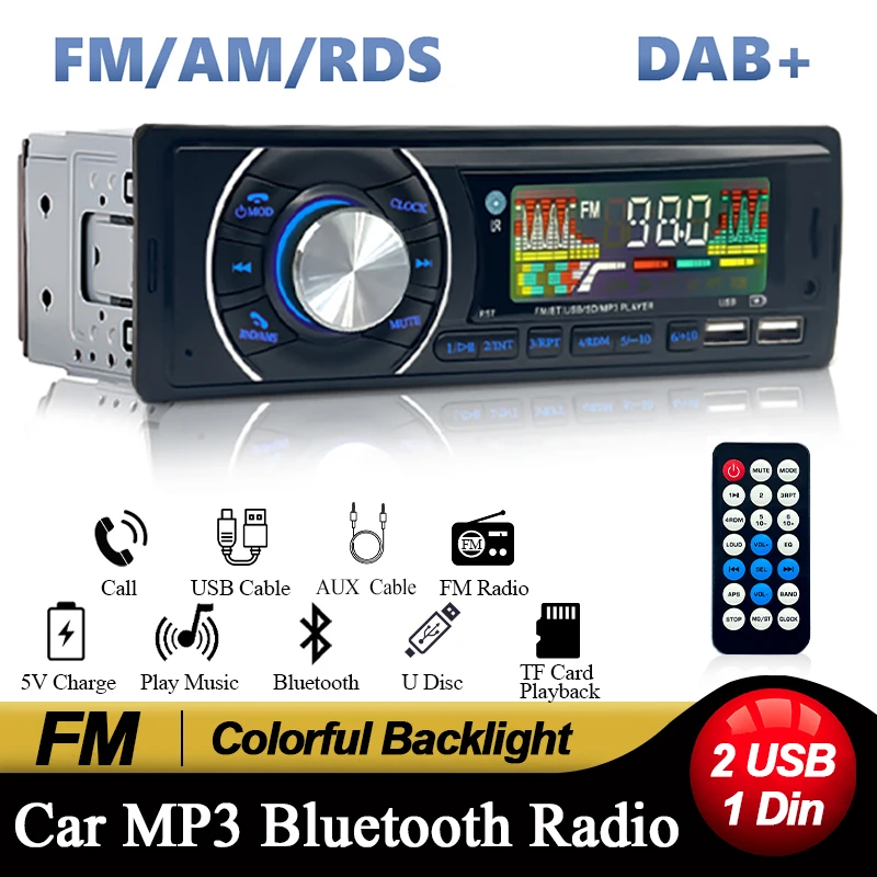 

Universal 1 Din Car Radio - Bluetooth MP3 Player, FM Stereo with USB/SD/AUX, Colorful Illuminated Buttons, Easy Installation