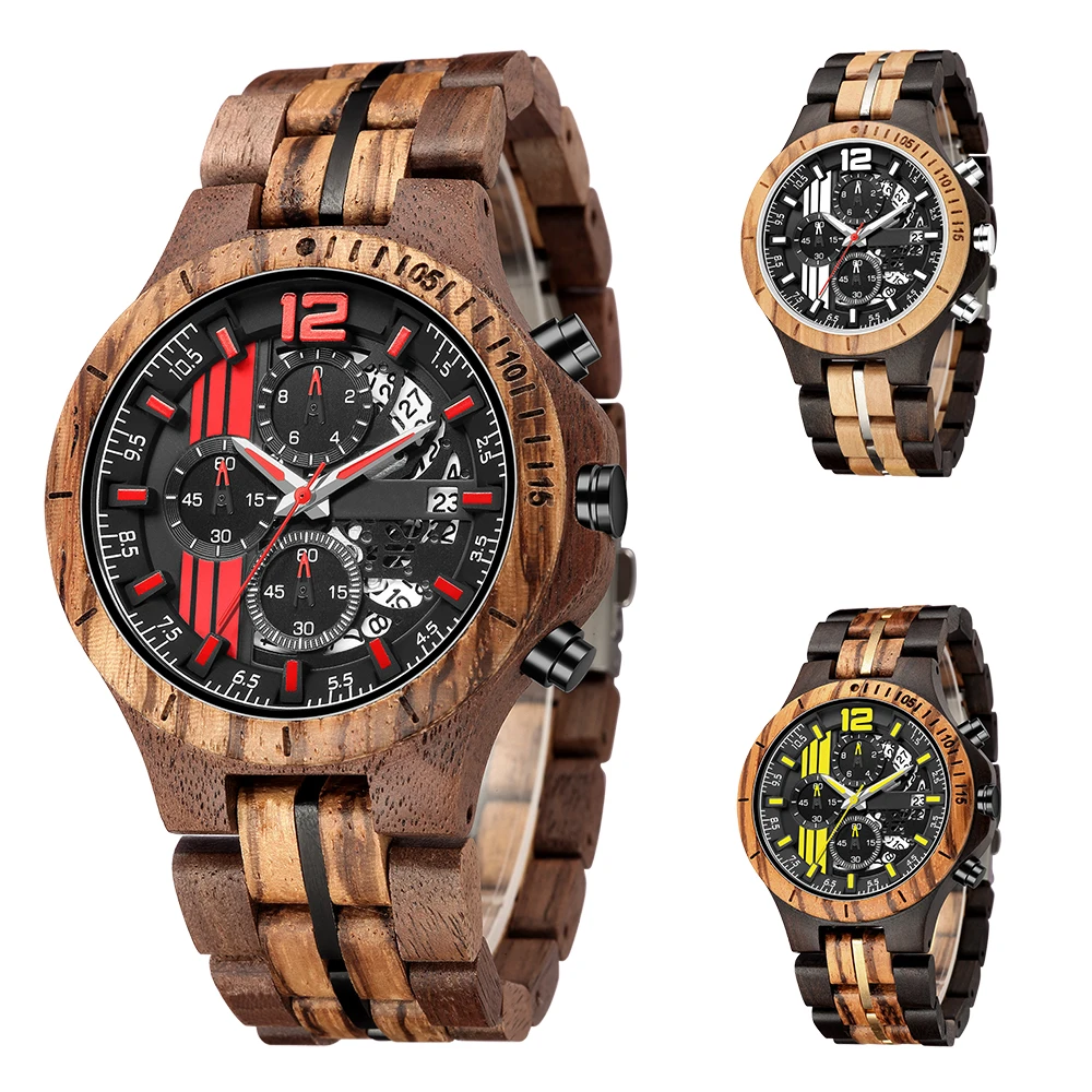 Luxury Wood Watch Men's Quartz Wristwatch Military Chronograph Watch Solid Wood Multifunctional Watch Clcok relogio masculino