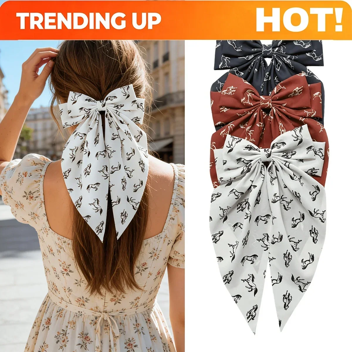 Customization 3pcs (Spring/Summer) Women'S Stylish Animal-Themed Fabric Hairbands With Horse Prints, Long Flowing Bows, And Spri