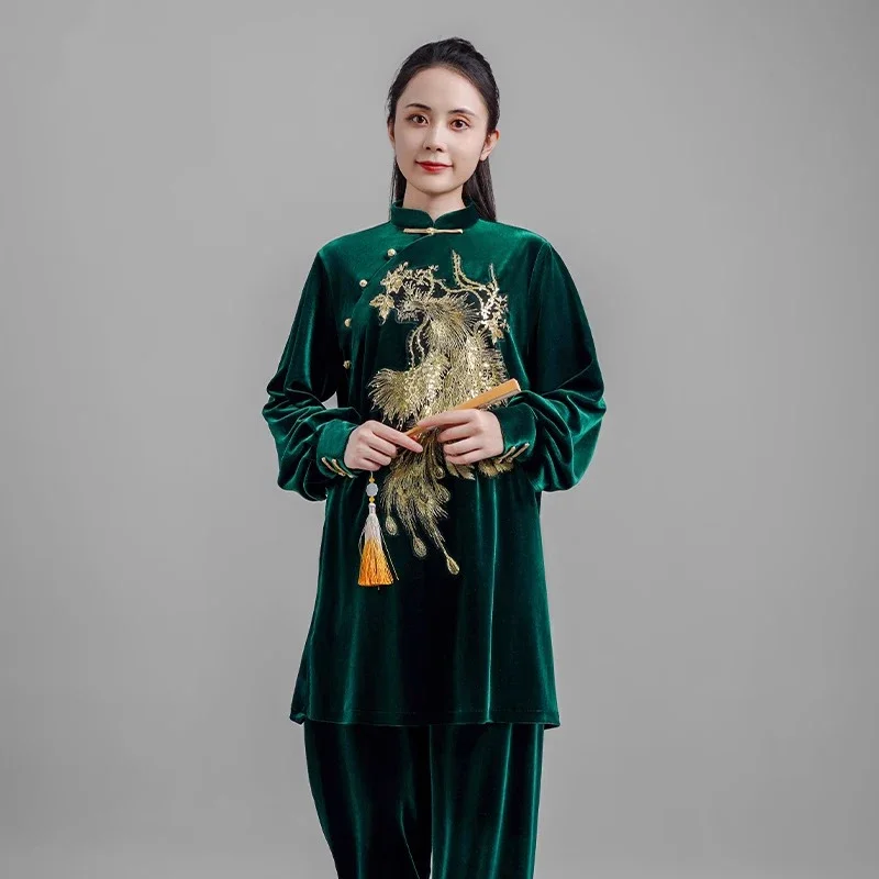 Kun Master Thicken Velvet Taichi Uniform Elegant Winter Martial Arts Suit Embroidery Kung Fu Clothes Taiji for Women