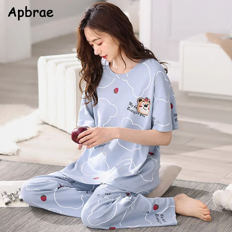 Summer Cartoon Women Cotton Pajamas for Women Short Sleeved Long Pants Nightwear Korean Fashion Bear Print Casual Homewear