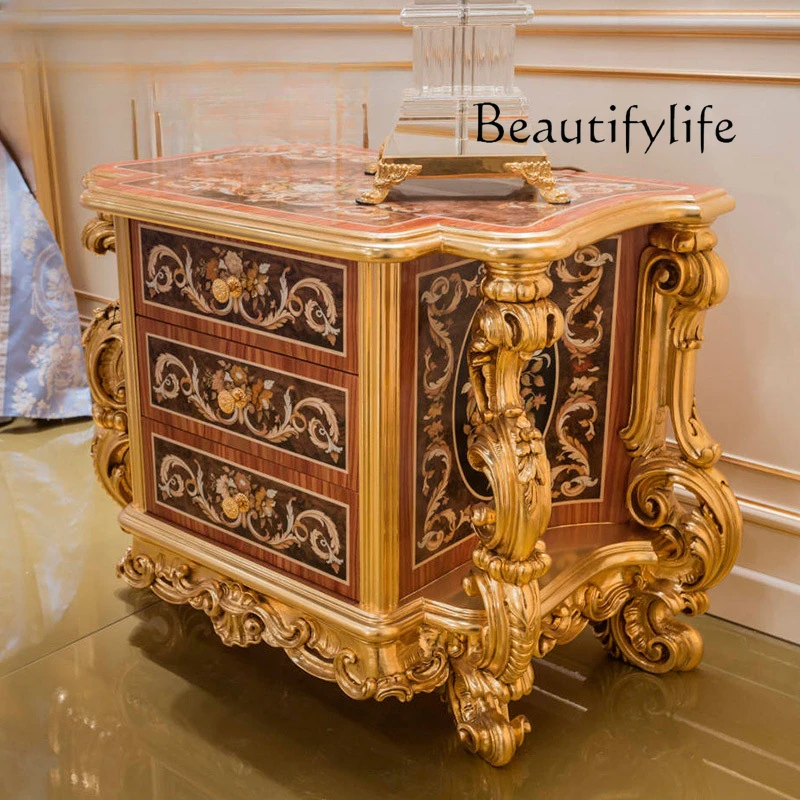 European bedroom bedside table Solid wood hand-carved bedside table Classical bedside table furniture with pumping