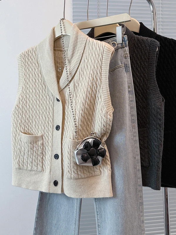 Retro Twist Knit Sweater Vest Women's Loose Fit Turn-down Collar Single Button Double Pocket Fashionable Layering Vest
