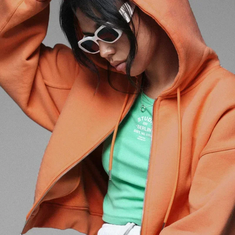 

Fashion Streetwear Neon Green Sweatshirt Casual Cotton Zip Up Long Sleeve Tops Solid Navel Drawstring Cropped Hooded Women