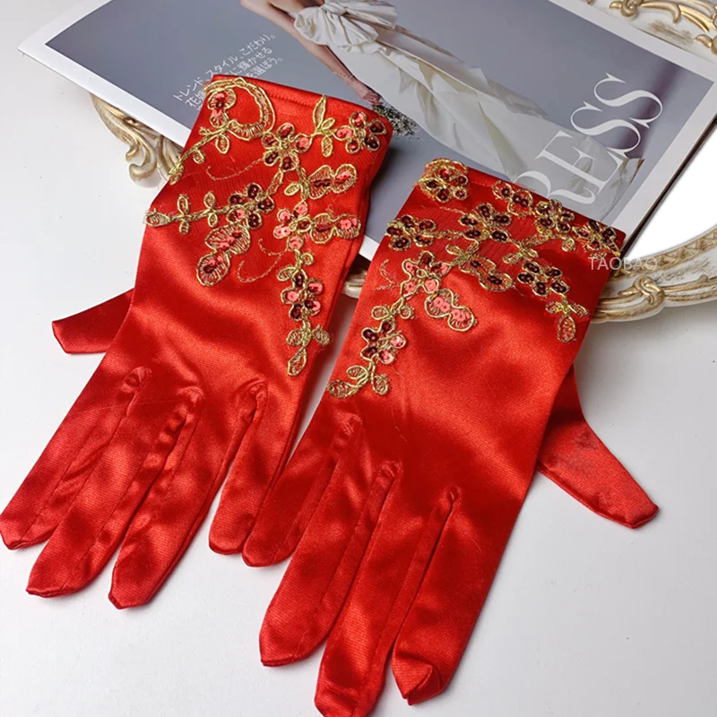 Women's Elegant Red Satin Glove Female Spring Summer Vintage Sunscreen Driving Photograph Party Glove R484