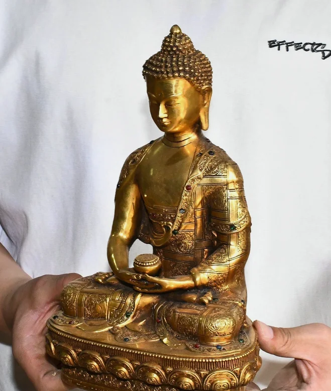 11'' Old Tibet Pure Bronze Gilt Shakyamuni Sakyamuni Amitabha Buddha Statue