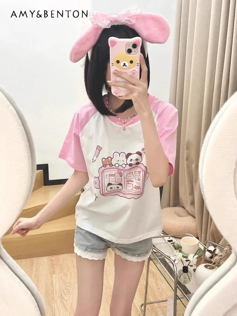 

Crew Neck Pink Cartoon Print Sweet Cute Girl Short-sleeved T-shirt Summer Loose Casual Top