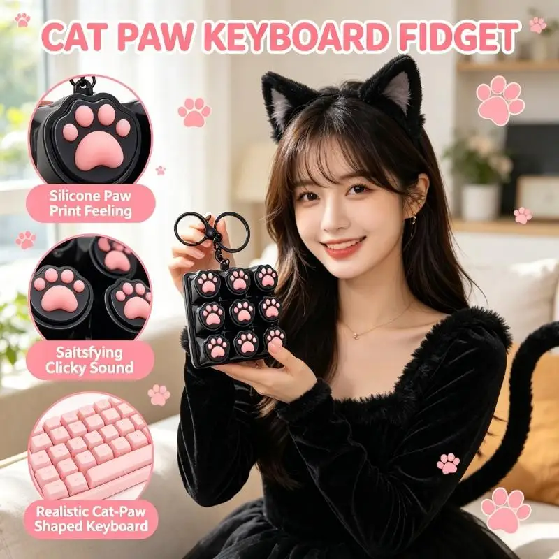 Silicone Cats Paws Keycap Presser Stress Relief Keychain Toy With 9 Buttons For Finger Exercise Adult Kids Entertaining A2UB