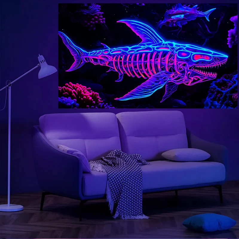 Vibrant Neon Shark Tapestry Undersea Ocean Bioluminescent Marine Life Wall Art Print Polyester Home Decor Bedroom Living Room De