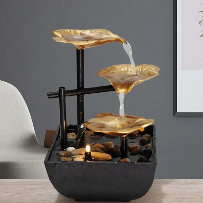 Plug Water Fountain Tabletop Waterfall Fountain with Usb Power 3-layer Lotus Rock Decoration Small Desktop for Office